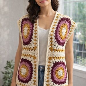 Handmade Crochet Vest in Cream, Mustard & Berry